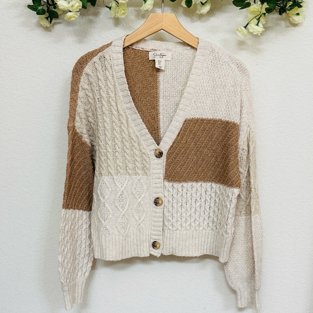 Jessica Simpson • Cream Tan Contrast Colorblock Cable Knit Cardigan Sweater